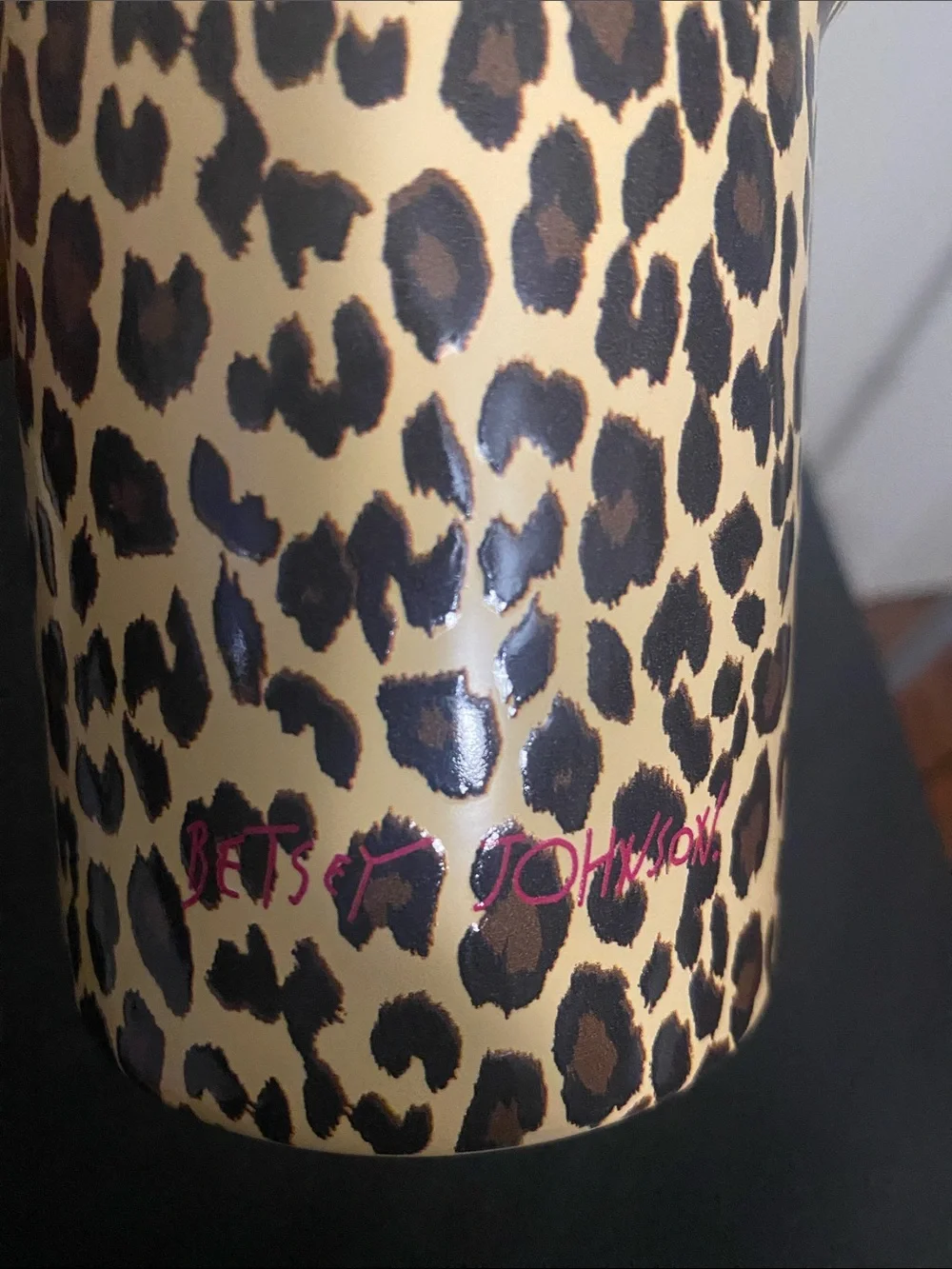 Betsey Johnson Leopard Print Travel Mug with Black Handle and Straw